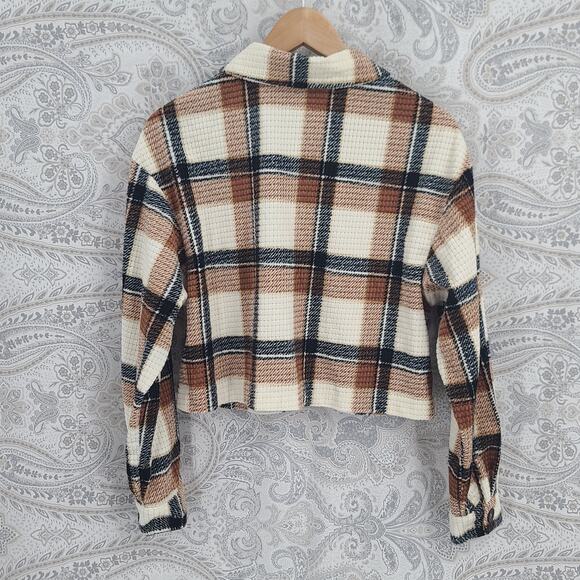 Lumberjane crop super soft Women's plaid textured flannel shacket Sz Small Fall - Picture 3 of 8